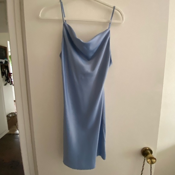 Silk baby blue mini dress with scoop neck - Picture 1 of 2